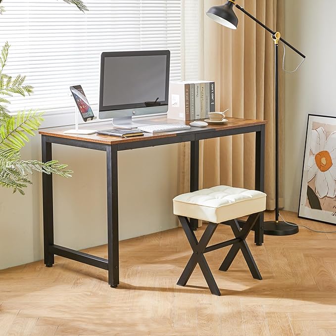 IBUYKE Square Makeup Stool with X-Leg Foot Rest, PU Footrest, Ottoman Seat Vanity Stool, Multi-Use as Small Side Table, for Bedroom, Living Room, White LG-71W