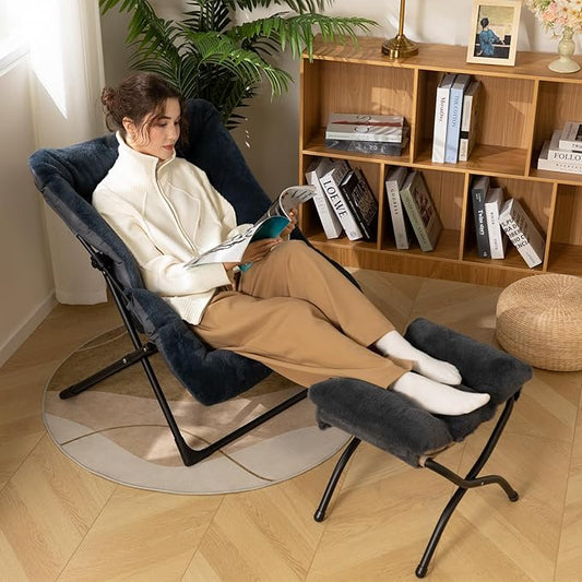 HollyHOME X-Large Saucer Chair with Foldable Ottoman, Comfy Oversized Folding Chair and Folding Footrest Stool Set, Faux-Fur Reading Chair and Footstool for Living Room, Navy Blue Chair&Stool