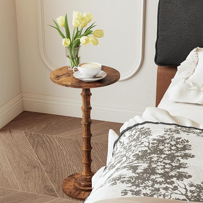 Round Side Table, Modern Drink Table for Small Spaces, Small End Table with Solid Wood Leg for Living Room, Bedroom, Corners, and Office (Rustic Brown)