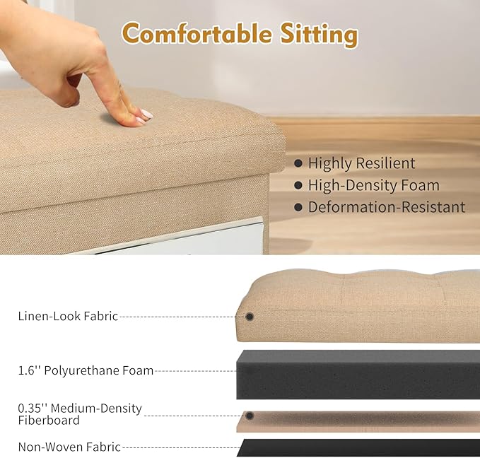 Ottoman with Storage, Small Storage Ottoman Foot Rest with Thicker Foam Padded Seat. Foldable Linen Cloth Foot Stool for Living Room Bedroom, Holds Up to 300 lbs, 17x13x13IN(Beige)