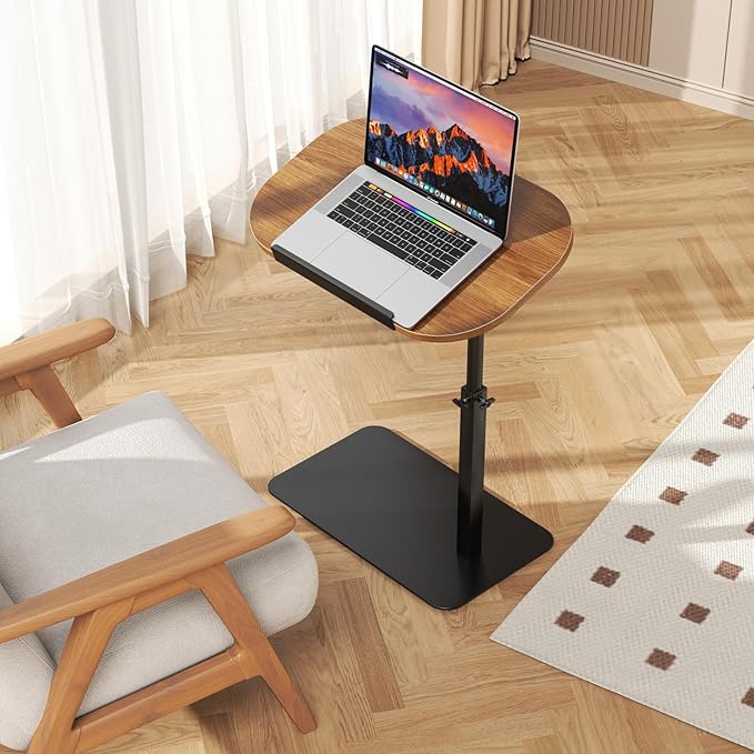 Solid Wood C Shaped Side Table for Sofa/Bed, Adjustable Height C Shaped End Table Metal Base, 360°Swivel/Flip Top Couch Tables That Slide Under, Small Spaces Laptop Stand Coffee Table (Walnut A)