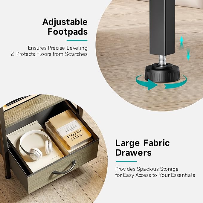 Night Stand with Charger Station - Grey Nightstand with LED Light Strip, Morden Bedside Table with USB Ports & AC Outlets, End Table with Storage Shelf & 3 Fabric Drawers