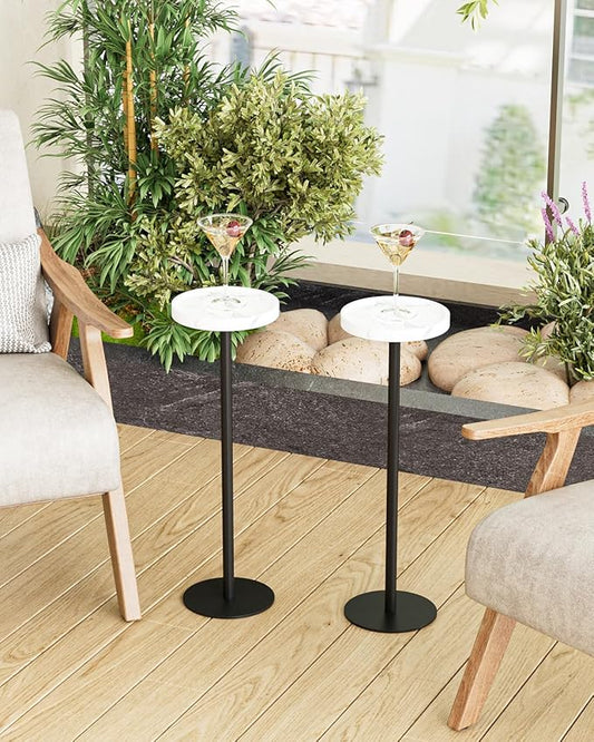 Drink Table, Small Pedestal Side Table, Round Cocktail Table, Circle Accent End Table with Metal Base, for Small Spaces (2, White Marble)