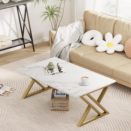 Coffee Table Living Room Table White Center Table, Simple Modern Faux Marble Rectangular Tea Tables with Sturdy Gold Metal Frame,Industrial Wooden Coffee Table for Bedroom Home Office