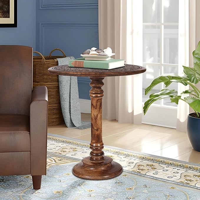 Goroly Home Hand Carved Wooden Pillar Table Pillar, Small End Table Nightstand Bedside Table for Living Room, Magazines, Books & Plants - 18x22 Inch - Antique Burnt