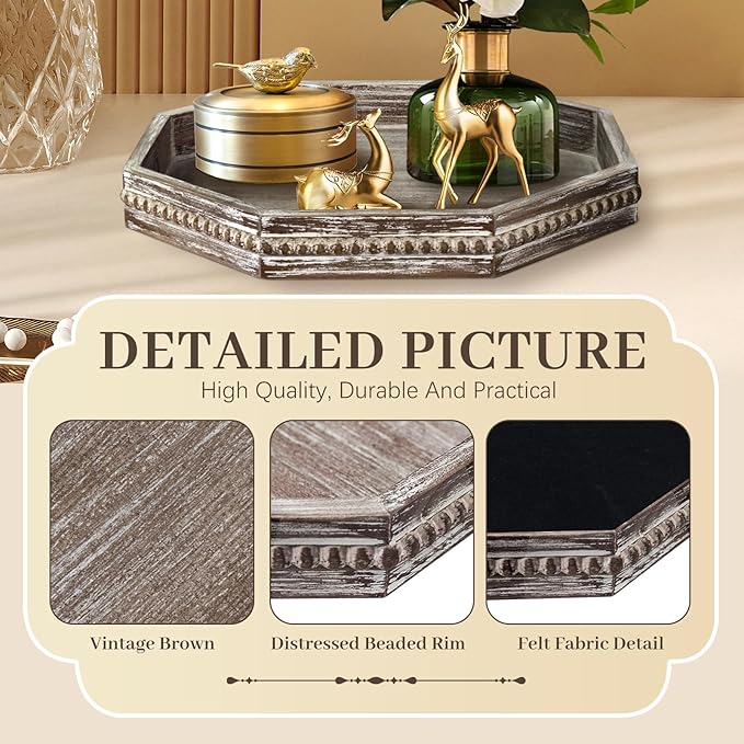 Wooden Decorative Tray, Small Serving Tray with Wood Bead, Farmhouse Big Tray for Ottoman, Countertop, Coffee Tabl, 13" x 13"x 1.6" (Retro Brown)