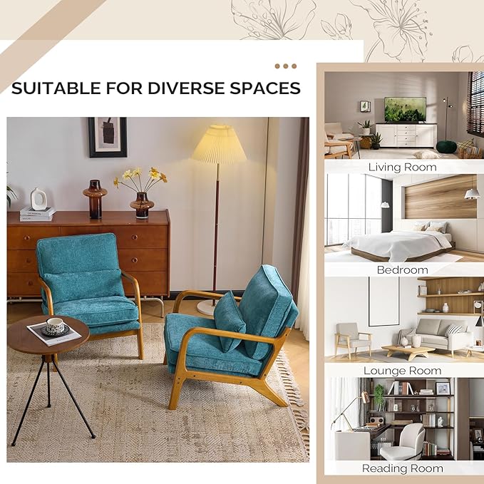 VINGLI Chenille Mid-Century Modern Accent Chair Set of 2, Cute Reading Arm Chair with Cushion & Lumbar Pillow & Solid Wood Frame for Lounge, Living Room, Reading Room, Bedroom, Turquoise