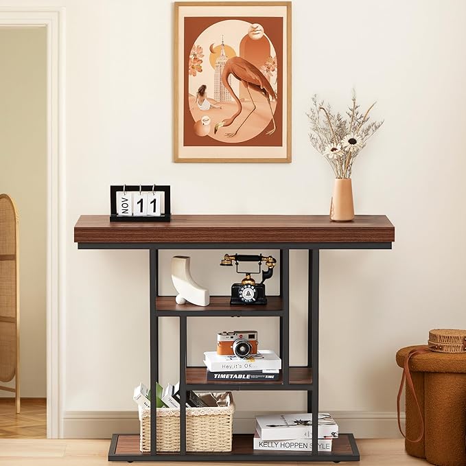 HABUTAY 42 Inch Industrial Entryway Table with 4-Tier Storage Shelves,Sofa Table for Living Room, Narrow Console Table for Hallway, Foyer, Front Door, Accent Furniture with Metal Frame,Rustic Brown