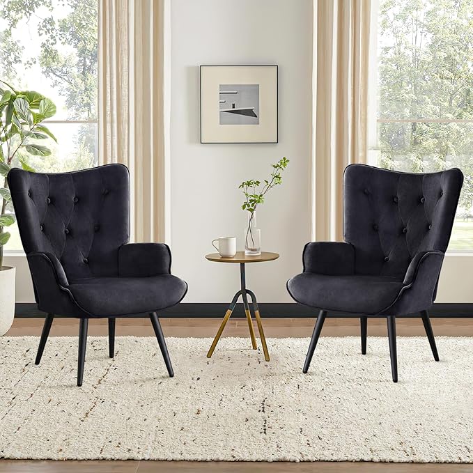 Furniliving Boucle Accent Chair for Living Room, Upholstered Reading Chair with High Backrest, Tufted-Button Wingback Armchair for Bedroom, Dressing Room, Home Office, Black
