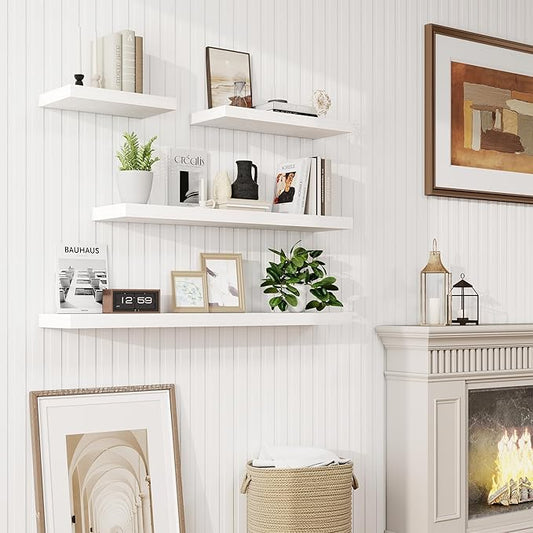 16in Floating Shelves for Wall, 16"W x 9.25"D x 1.25"H, 2 Pack Long Wall Mounted Engineered Wood Shelves with Invisible Brackets for Living Room, Bedroom, Bathroom, Kitchen Decor and Storage, White