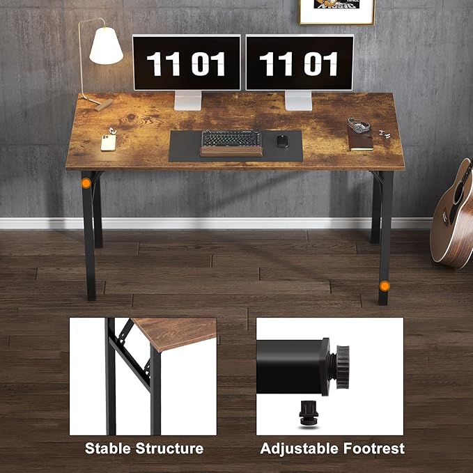Need Large Computer Desk, 62 inches Long Office Desk, No Install Needed Folding Table Writing Table Workstation for Small Space, Rustic Brown