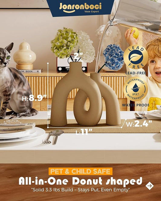 Hug Donut Decorative Vase Set - Tan Modern Rustic Farmhouse Style Vases Home Decor,Matte Ceramic Decorations for Living Room Shelf, Bookshelf Mantle Entryway Table Centerpiece or Console Décor(Brown)