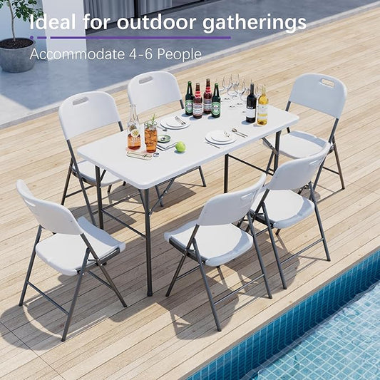 VECELO Folding Table 4 Foot with Mesh Bag, Indoor Outdoor Heavy-Duty Portable w/Handle,Fold-in-Half for Picnic, Party, Camping, White