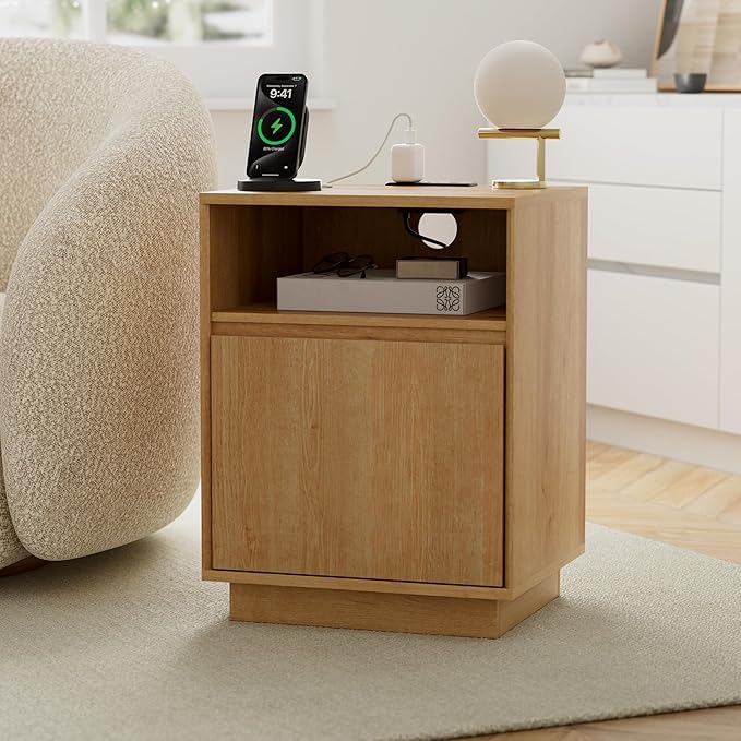 Farmhouse Night Stand Set of 2, Wood End Table with Door & Charging Station, Bedside End Tables for Bedroom, Sofa, Natural Oak