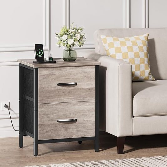 Vagusicc Nightstand Set of 2 with Charging Station, End Table Bedside Table with Power Outlet & USB Ports, Side Table with 2 Fabric Drawers for Bedroom, Living Room, Greige