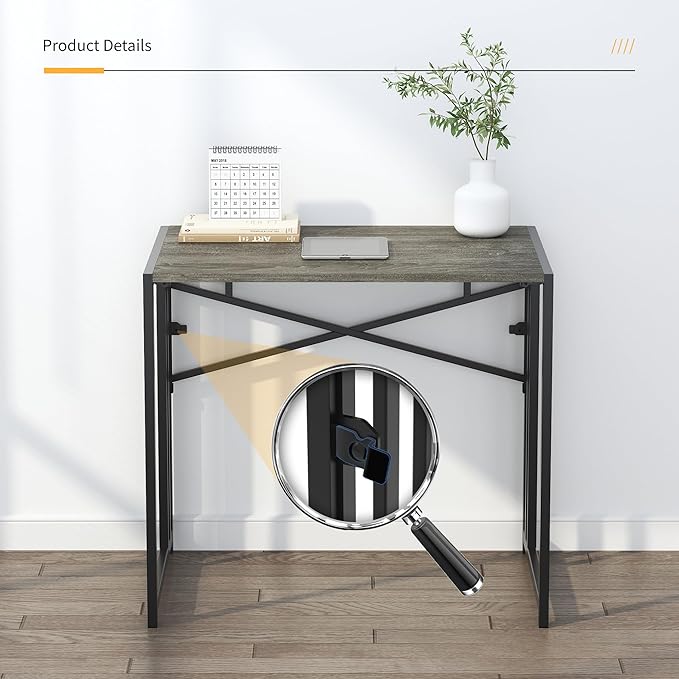 32 inch Small Folding Desk, Writing Gaming Computer Camping Desk for Small Spaces, No Assembly Required Home Office Desk, Black Oak