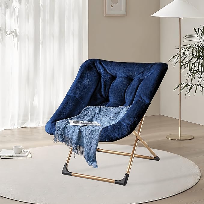 Comfy Oversized Saucer Chair, Soft Faux Fur Reading Lounge Chair for Adults, Stable X-Large Metal Frame and Non-Slip Pad, Foldable Cozy Chairs for Bedroom, Living Room, Dorm, Office, Blue
