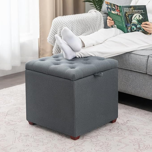 Adeco 18" Grey Square Storage Ottoman with Tray, Small Cube Ottoman Coffee Table with Decorative Fashion Paris Nails, Dorm Room, Bedroom, or Living Room