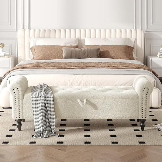 Furniliving 63” End of Bed Bench, Bedroom Bench with Button-Tufted, Large Upholstered Storage Ottoman Benches Entryway Bench with Storage Shoe Cabinet Bench, for Bedroom, Living Room, Faux Fur, White