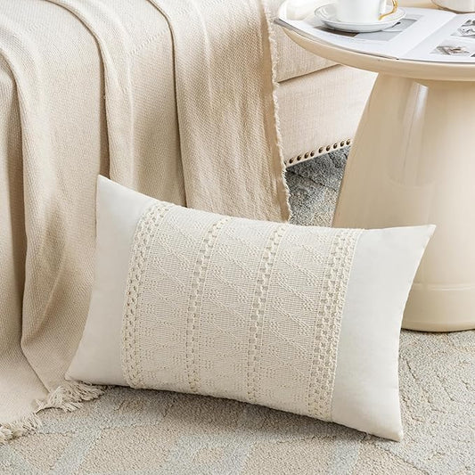 Fancy Homi Set of 2 Boho Cream Lumbar Decorative Throw Pillow Cover 12x20 Inch for Couch Bed Sofa Chair, Modern Organic Farmhouse Home Decor, Soft Cotton Cute Accent Rectangle Cushion Case