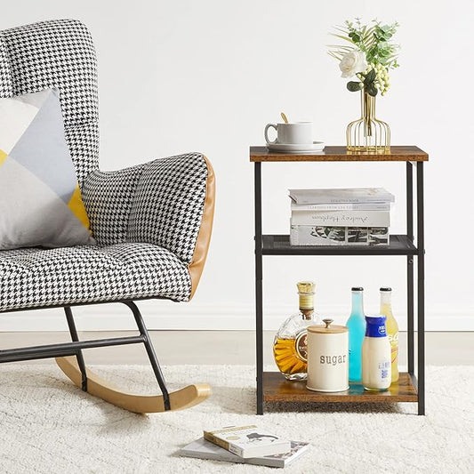 IBUYKE Side Table,3-Tier End Table, Industrial Nightstand Small Table with Storage Shelf, for Bedroom, Living Room, Hallway, with Metal Frame,Rustic Brown UTMJ403H