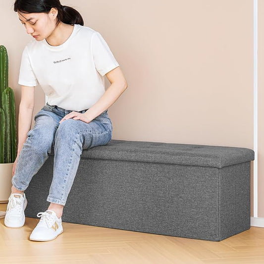 PINPLUS Folding Storage Ottoman Bench, Grey Linen Long Ottoman Chest Foot Rest Stool with Padded Seat, Chest with Tray, Bedroom Bench with Storage, 43.3inches