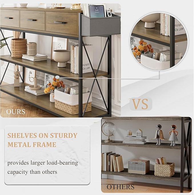 HITHOS 47.2" Console Table with 3 Drawers, Industrial Long Entryway Foyer Table with 3-Tier Storage Shelves, Narrow Sofa Hallway Table for Living Room, Entry Way, Kitchen, Rustic Brown