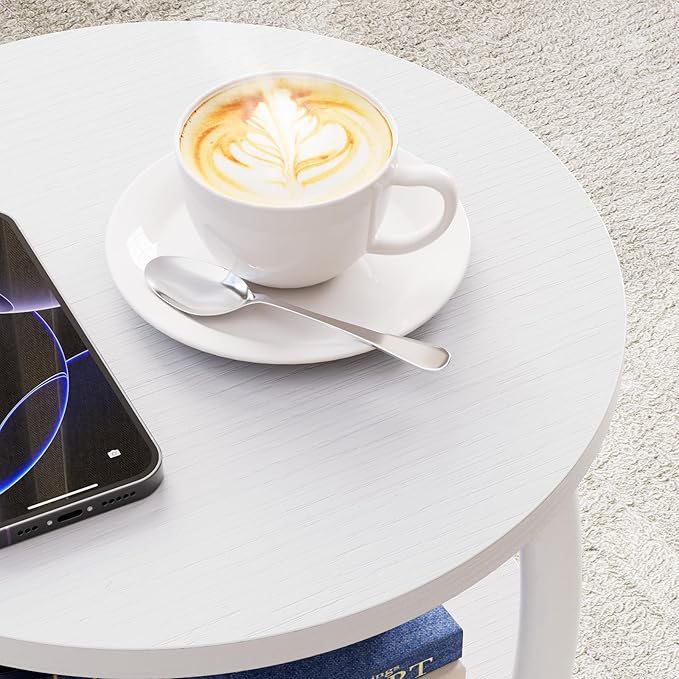 Small Round Side Table, 3-Tier End Table with Storage Shelf, Slim Sofa Table Coffee Table, Sturdy & Easy Assemble Nightstand for Small Spaces, Living Room Bedroom Corner, White