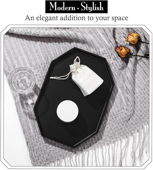 Shinowa Decorative Tray - Resin Bathroom Vanity Tray, Octagon Perfume & Jewelry Ring Dish for Countertop, Bedroom Dresser, Living Room Table, Kitchen Sink - Large, Matte Black