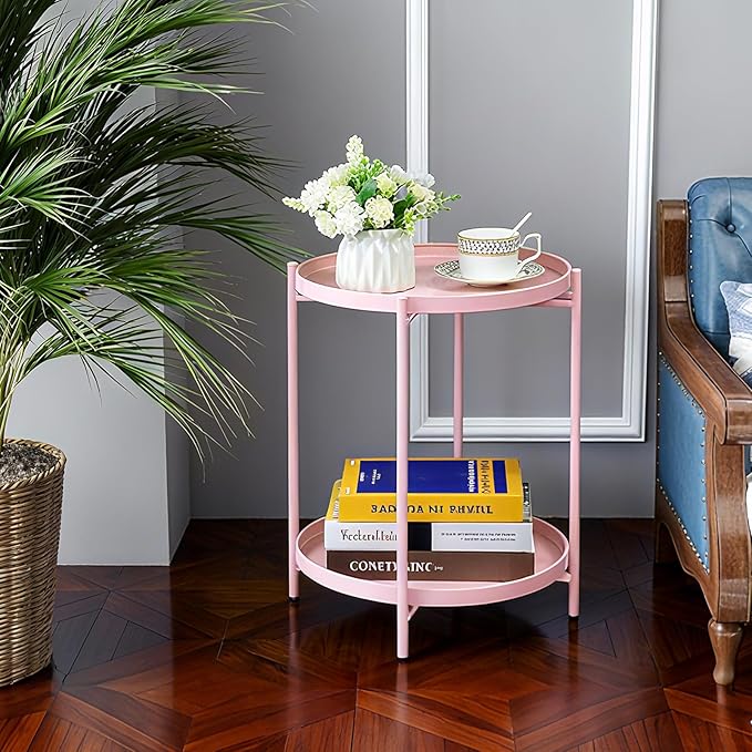 HollyHOME 2-Tier Round Side Table, Outdoor Small Folding Accent Stand with Removable Tray, Anti-Rust Metal Asional Table for Balcony Patio Living Room, Nightstand for Bedroom(Pink)