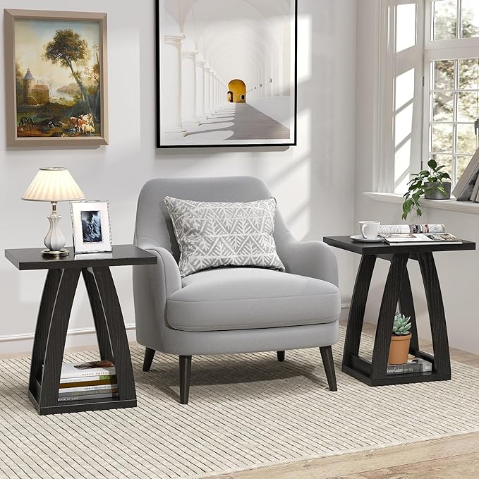 End Tables Living Room. Side Table Beside Sofa. Modern End Table for Living Room. Couch Side Table with Shelf. Black Wood Side Tables