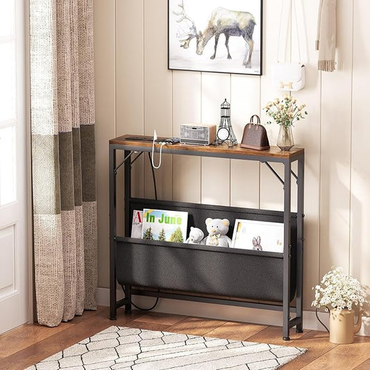 31.5'' Small Console Table with Charging Station and Storage, Narrow Sofa Table with Power Outlets, Behind The Couch Table, for Living Room, Foyer, Entryway, Hallway, Rustic Brown