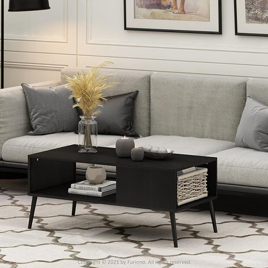 Furinno Claude Mid Century Style Coffee Table with Wood Legs, Espresso Large Non-Lift Top