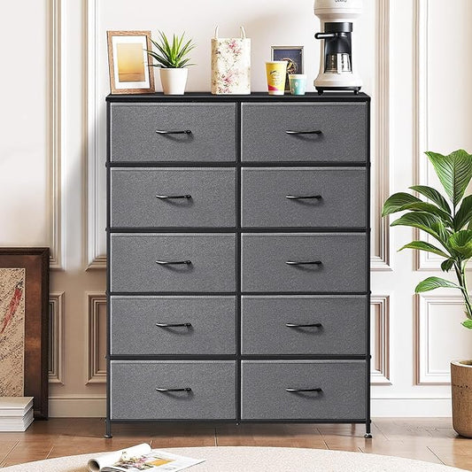 10-Drawer Dresser for Bedroom, Anti-Tip Tall Storage Organizer Chest of Drawers with Wooden Top and Metal Frame Fabric Bins for Closet, Living Room, Hallway, Entryway, Gray