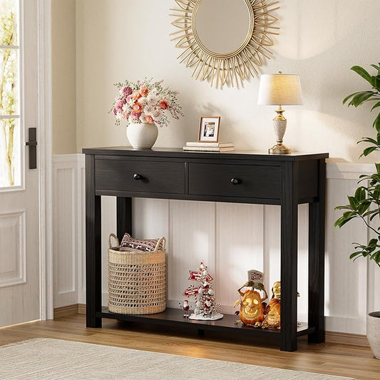 Homieasy Farmhouse Console Table with 2 Drawers, 32 Inch Small Sofa Table with Storage Shelf for Living Room, Behind Couch, Entryway Table for Hallway, Living Room, or Foyer, Black
