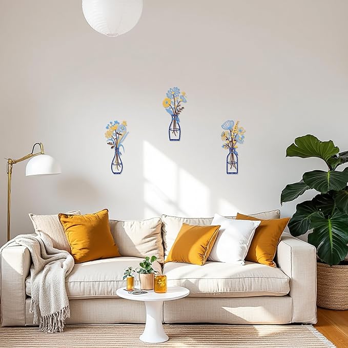 Iron Metal Vase Flower Wall Art Set of 3 - Minimalist Black Floral Decor for Living Room Bedroom Kitchen, Office Garden - Modern Farmhouse Home Decor & Housewarming Gifts (Blue-Yellow)