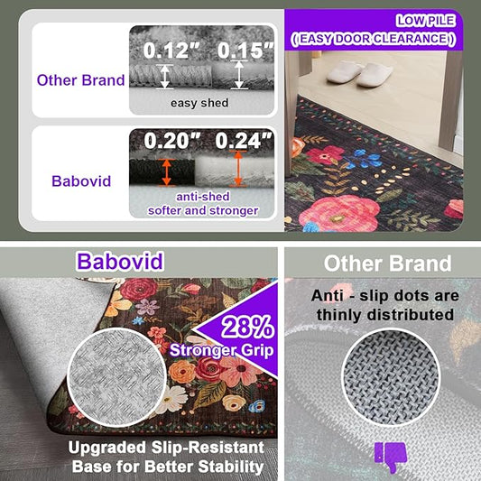 Black Floral Rug for Entryway, 2x3 Washable Kitchen Mat Ultra-Thin Soft, Non-Slip Indoor Door Carpet Stain Resistant Boho Small Low-Pile Throw for Bathroom Bedroom (2 x 3, Black Garden)