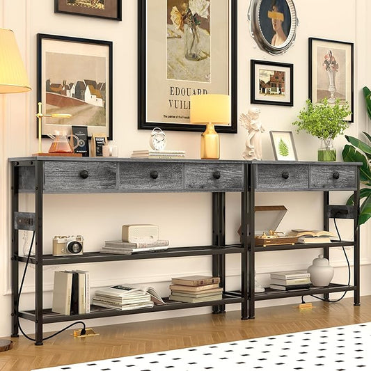GRLEAF 47" Console Table with Outlets & USB Ports – Narrow Entryway Table with 3 Drawers and Storage Shelves, Power Strip Sofa Table for Living Room, Hallway, Kitchen, Foyer – Grey Wood Finish