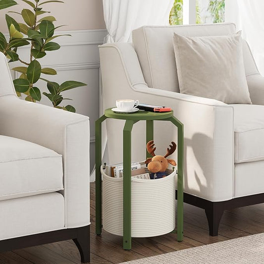 TUTOTAK Small Side Table, Round End Table, Night Stand, Bedside Table, Sofa Table with Storage Basket, Living Room, Bed Room, Olive Green TB01BOG0922