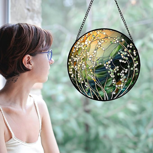 Stained Glass Suncatcher, Yellow Green Gradient Flower Sun Catcher Plants Stain Glass Window Hanging Decoration Mother's Day Birthday Gifts for Women Men Mom and Nana 15 in