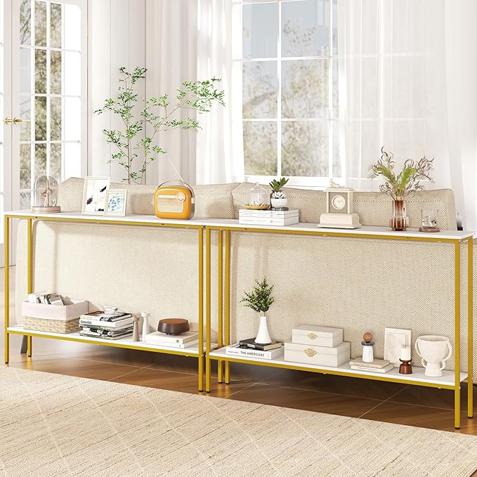 Giantex 44" Console Table with Shelf, Narrow Entryway Table w/Dual Anti-Tipping Kits & Metal Frame, 2-Tier Long Sofa Table, Hallway Table for Living Room, Entrance, Foyer