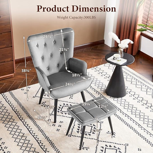 Furniliving Velvet Accent Chair with Ottoman, Upholstered Reading Chair with High Backrest, Tufted-Button Wingback Armchair for Bedroom, Dressing Room, Home Office, Grey