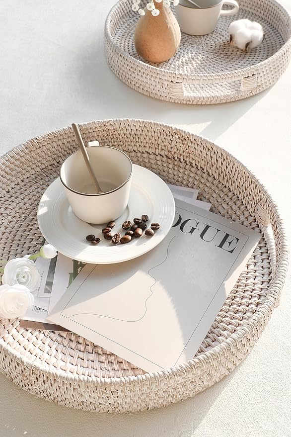 HITOMEN 14.2" Hand-Woven Round Rattan Serving Tray Decorative Ottoman Wicker Platter with Handles for Coffee Table, Breakfast, Drinks, Snack, Bread, Fruit, Vegetables (Whitewash-L)