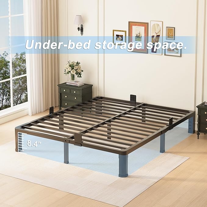 10 inch King Size Bed Frame with Round Corner Legs and Headboard Hole Mattress Slide Stopper Low Profile Heavy Duty Metal Platform,Steel Slat Support,No Box Spring Needed,Easy Assembly,Noise Free