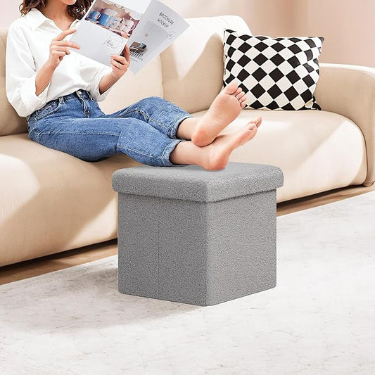 PINPLUS Storage Ottoman Cube Square Shaped Ottomans with Storage Foot Stool Footrest for Lving Room Boucle Ottoman Seat for Dorm Room,Faux Teddy Fur Grey,15"x15"x15"