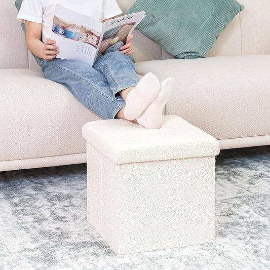 B FSOBEIIALEO Small Storage Ottoman Cube Sherpa Ottomans Foot Rest, Foldable Boucle Ottoman, Faux Teddy Fur, Cream White 15"x15"x15"