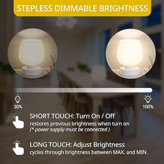 Touch Bedside Lamp, Mini Stepless Dimmable Table Lamps for Bedroom for Night Stands, Small Desk Lamp with Brightness Memory, USB Charging Ports, Warm LED Bulb, White, Round Shape, 2 Set