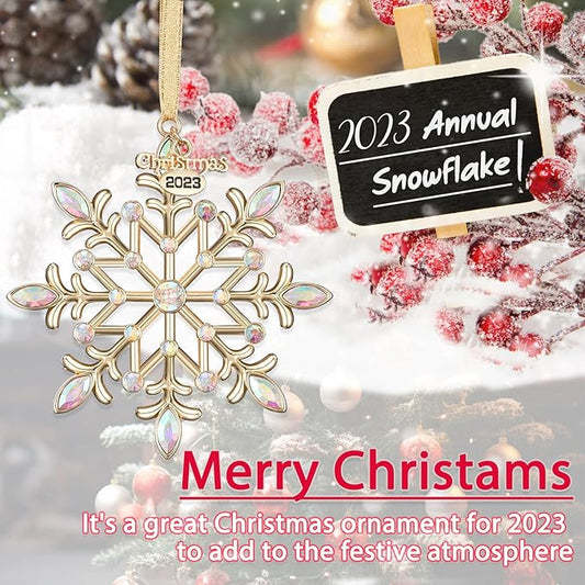Christmas Snowflake Ornaments 2023 Decor for Christmas Tree Metal Hanging Rhinestones Glitter Crafts Snow Flake Decorations Indoor for Holidays Winter Home Window Room Door-Gold