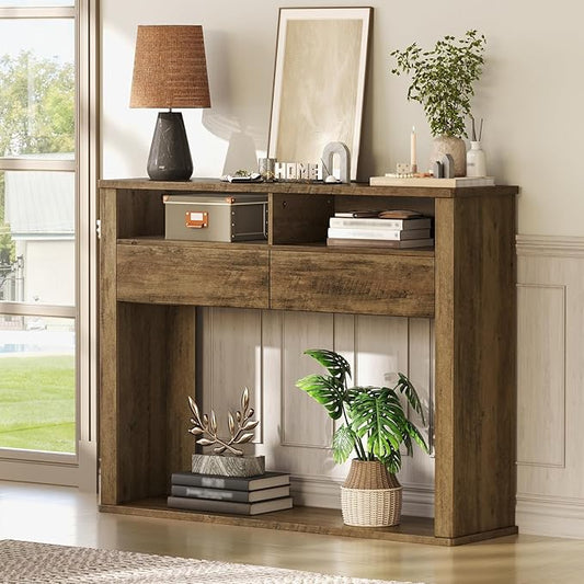 43.3 Inches Console Table, Narrow Entryway Table with 2 Drawers, 2 Compartments and Bottom Shelf, Farmhouse Hallway Accent Table for Entryway, Living Room, Foyer, Hallway, Dark Brown
