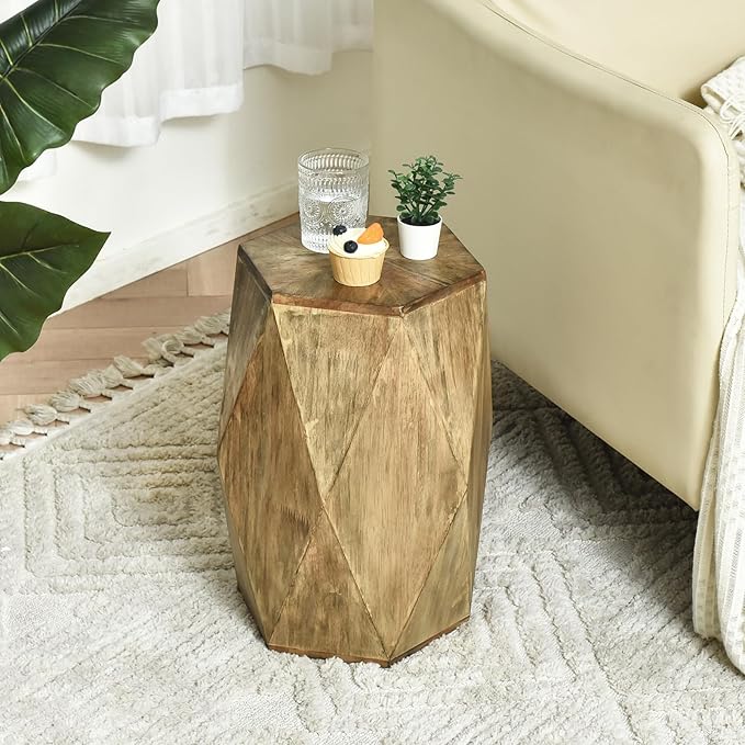 Round Side Table, Rustic Console Table, Gold Geometric End Tables Ideal for Couch Sofa Living Room or Bedroom Stand (Geometric Style)